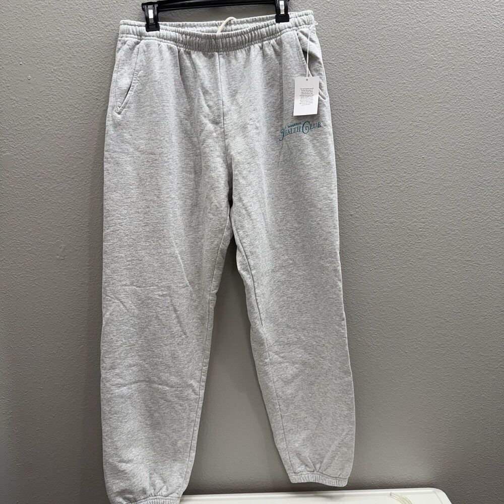 Sporty & Rich Light Gray Track Pants with Teal Logo